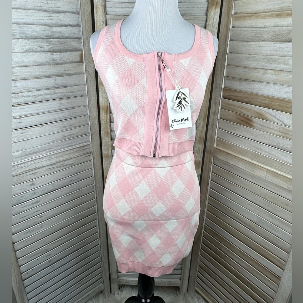 NWT Olivia Mark Mod Pink & White Argyle Preppy 90s Y2K Fitted Skirt Set Medium
